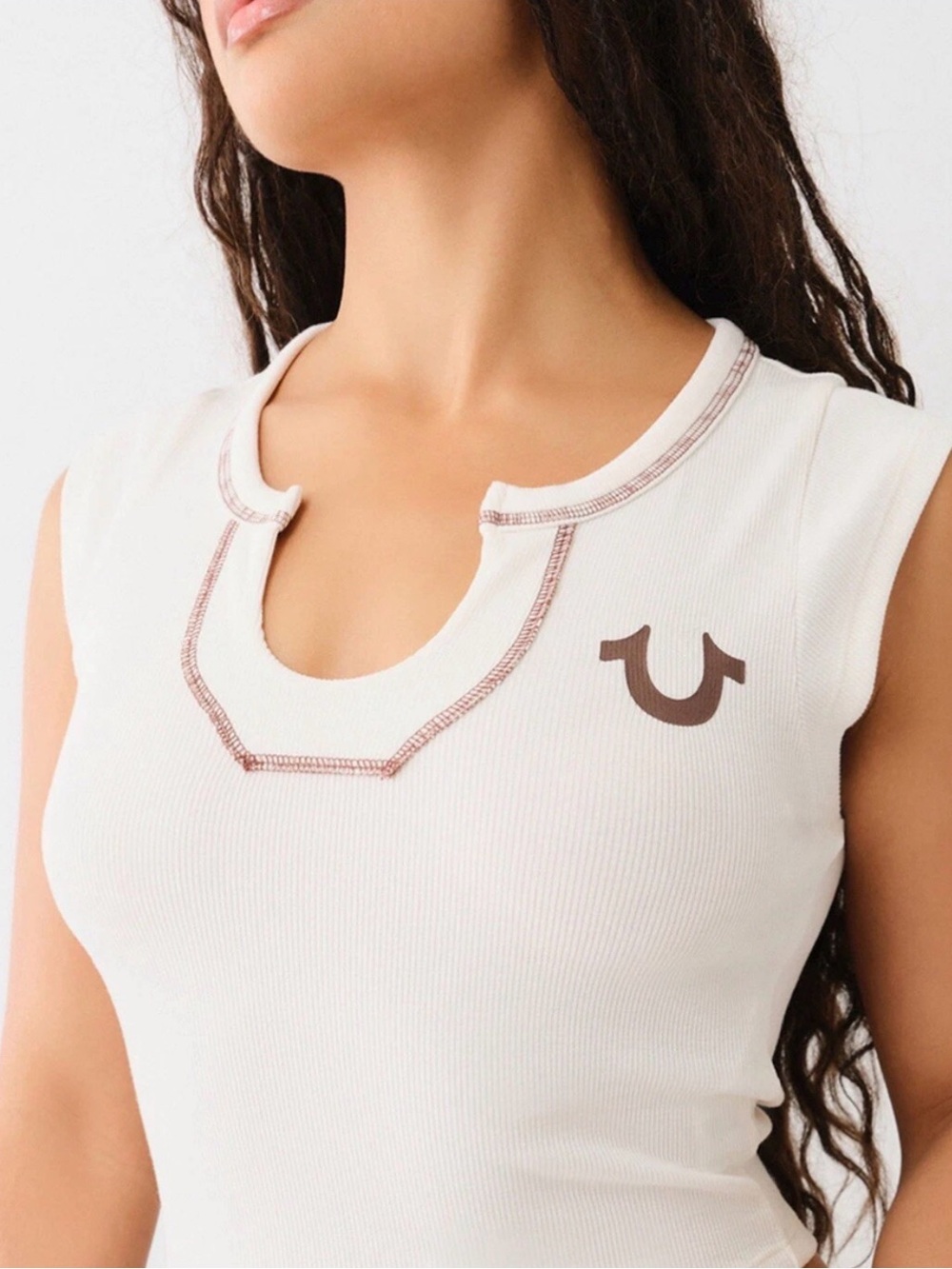 True Religion Notched Neck Ribbed Crop Top Winter White Brown Size M NWT